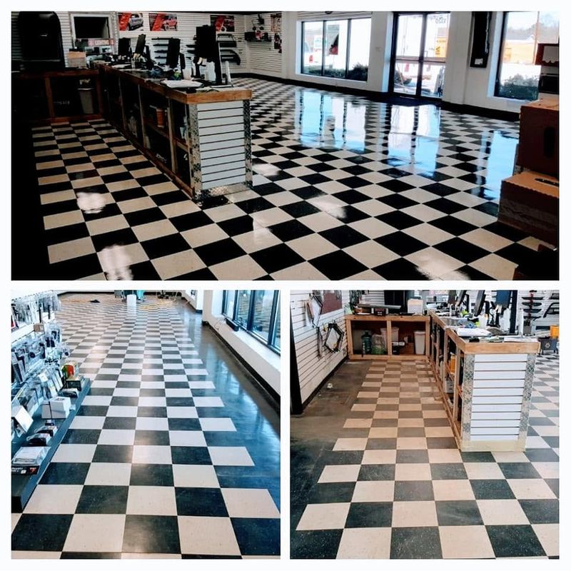 Checkered VCT tile floor with a high-gloss finish after strip and wax
