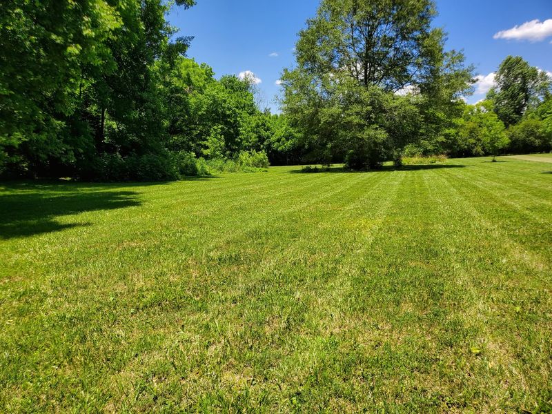 Freshly mowed commercial lawn with even stripes