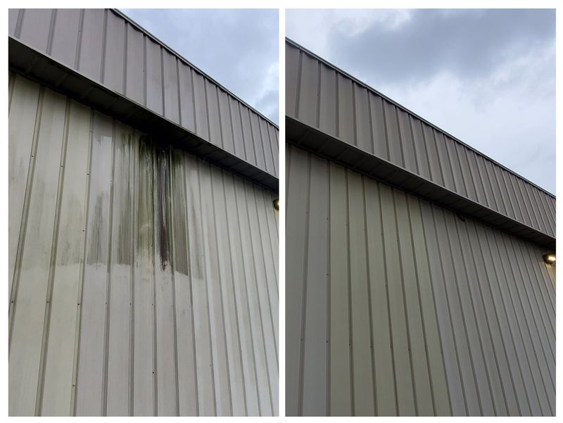 Metal building siding before and after cleaning