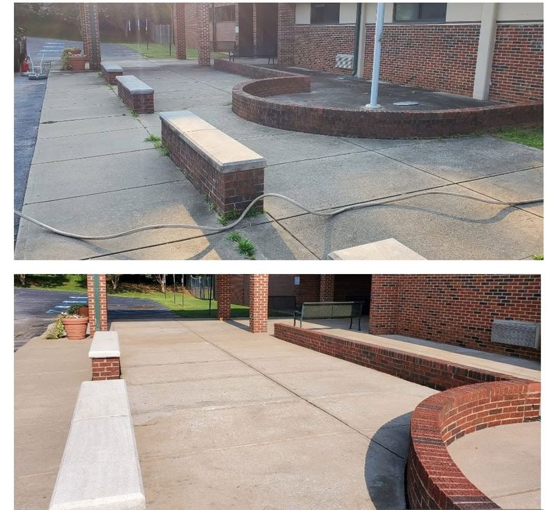 School courtyard benches and walkway, before and after
