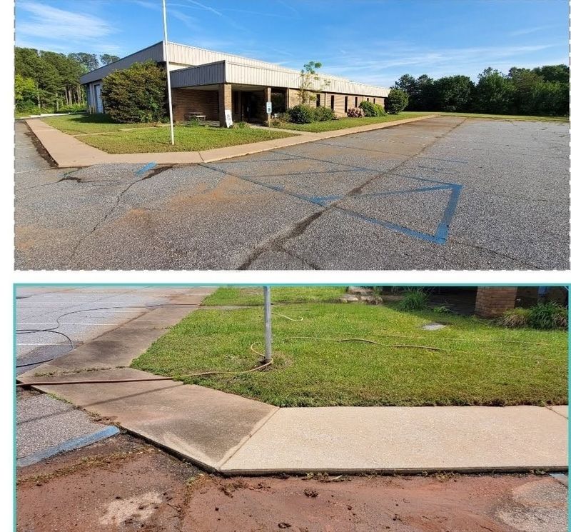 Commercial building sidewalk and curb before and after cleaning